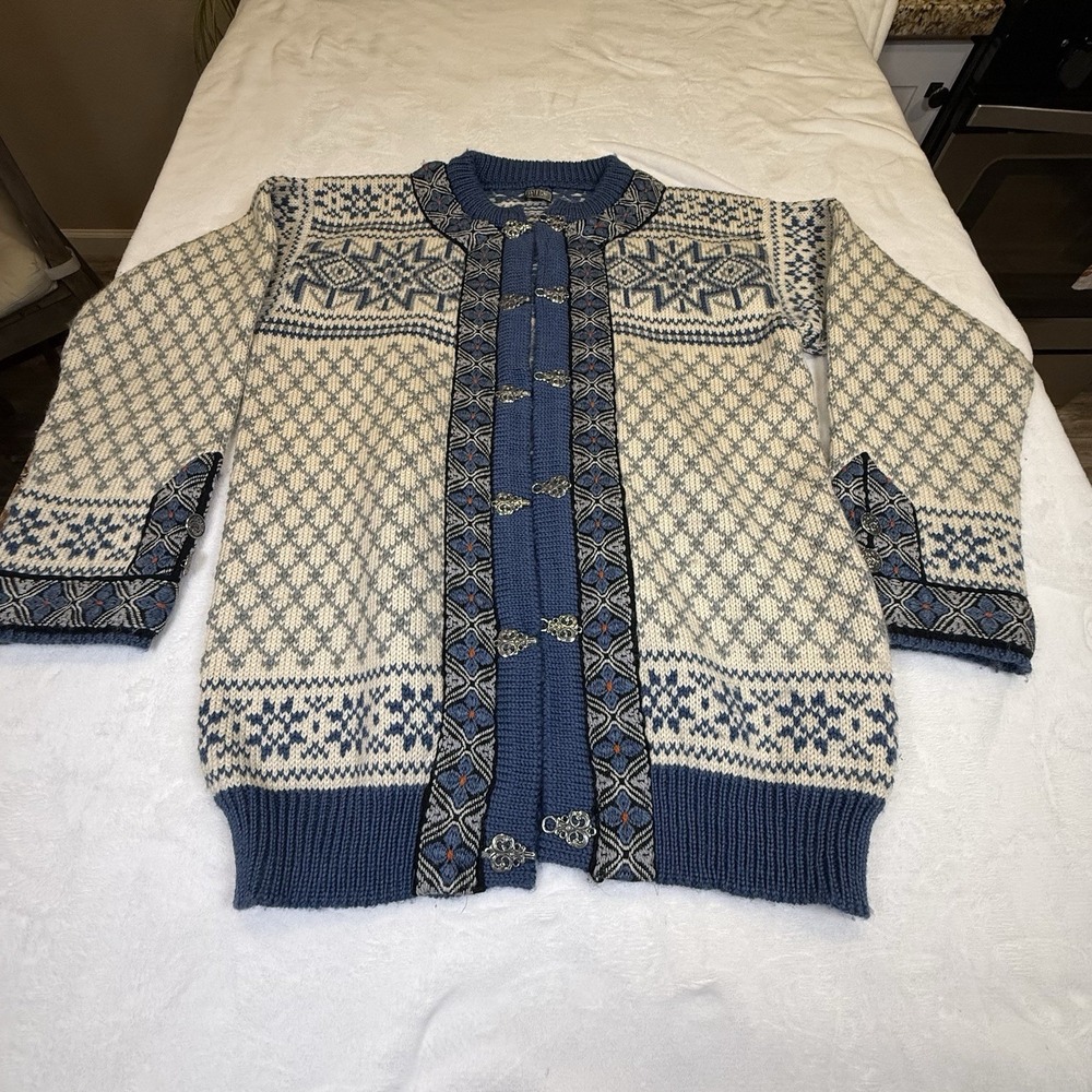 Vintage Dale of Norway Wool Cardigan Nordic Fair Isle Pewter Clasps Blue Gray 50